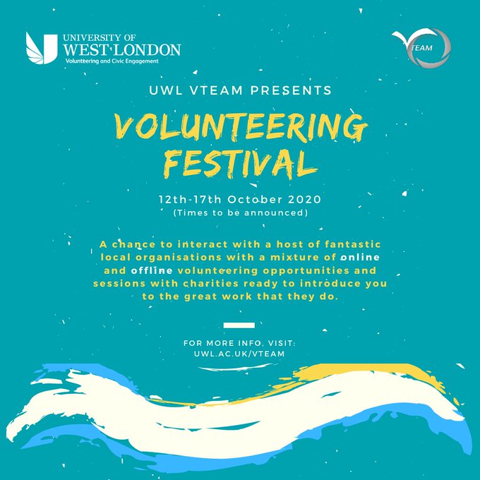 📢Are you from a VCSE organisation? 
📢Do you need volunteers? 

<a href="/the_vteam/">UWL Volunteering Team</a> at <a href="/uniwestlondon/">University of West London</a> invite you to join their digital Volunteer Festival to engage with students &amp; attend training, between 12-17th Oct.

Click to find out more and sign up here:
bit.ly/VolFest20