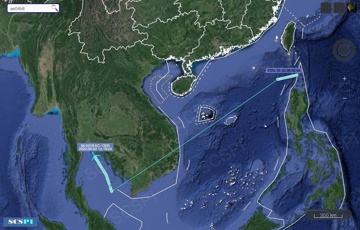 SCS_PI's tweet photo. A total of 4 USAF KC-135R/Ts (#AE0681, #AE013C, #AE04B8, #AE04C2) and 1 P-8A (#AE67C2) operated over the #SouthChinaSea in a single day, Sep 30. There might have been some other aircraft undetected. https://t.co/cL0vrd2ZWv