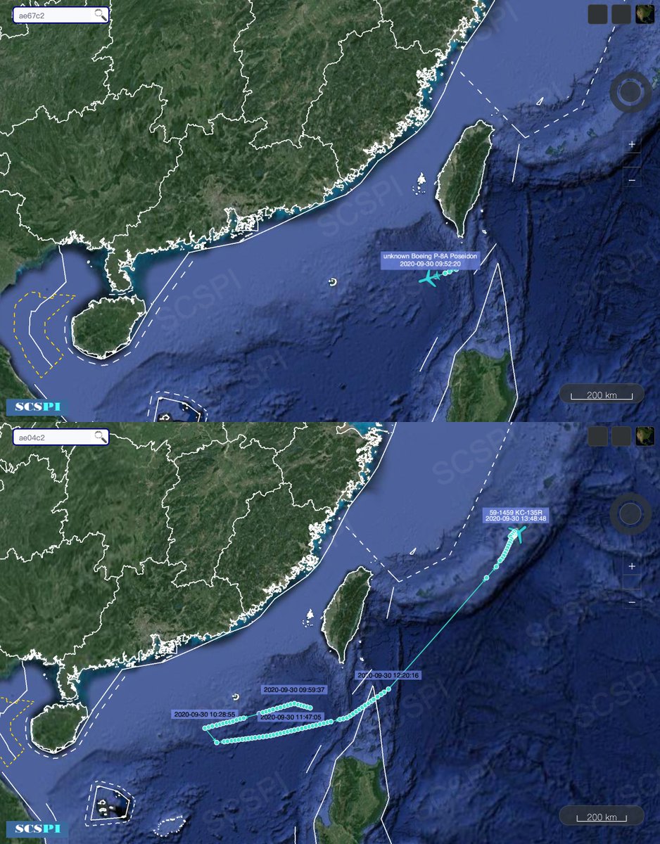 SCS_PI's tweet photo. A total of 4 USAF KC-135R/Ts (#AE0681, #AE013C, #AE04B8, #AE04C2) and 1 P-8A (#AE67C2) operated over the #SouthChinaSea in a single day, Sep 30. There might have been some other aircraft undetected. https://t.co/cL0vrd2ZWv