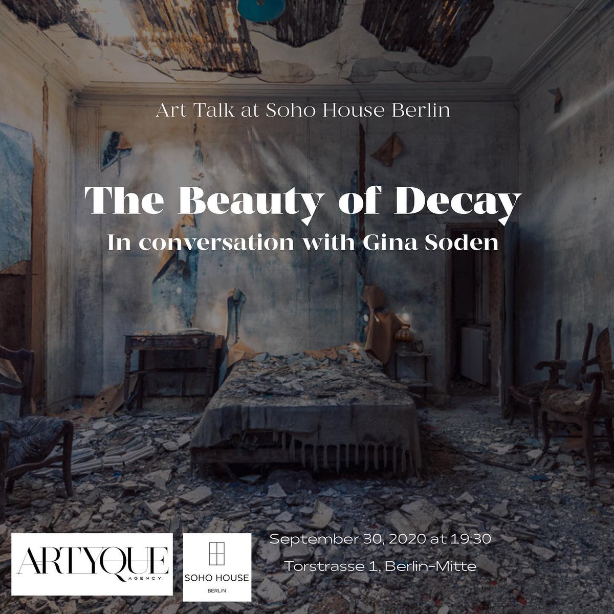Tonight at 7:30 at <a href="/SohoHouseBerlin/">Soho House Berlin</a>, Art Talk with award winning photographer @ginasodenartist about The Beauty of Decay. Check out her online gallery at Artistics: artistics.com/en/gina.soden/…
