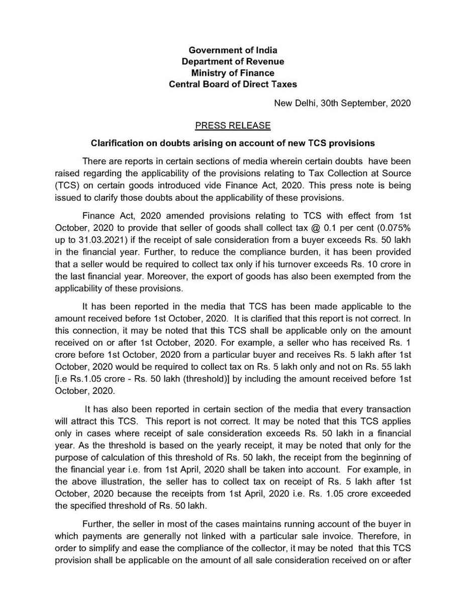 IncomeTaxIndia's tweet photo. CBDT issues press note clarifying doubts arising on the applicability of TCS provisions introduced vide Finance Act, 2020. Circular No. 17 of 2020 dt 29.09.2020 containing guidelines for the same issued earlier.
Detailed press release: https://t.co/7paxKLIwTd