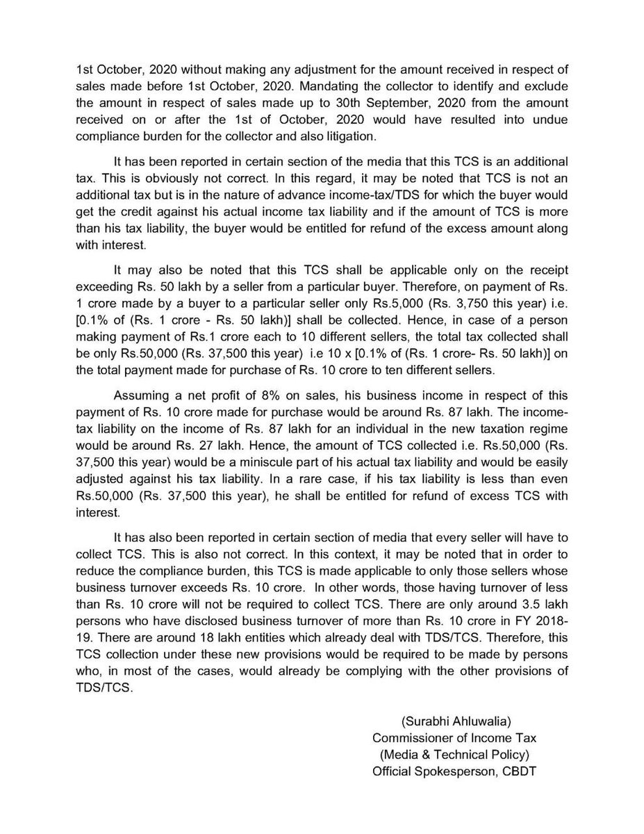 IncomeTaxIndia's tweet photo. CBDT issues press note clarifying doubts arising on the applicability of TCS provisions introduced vide Finance Act, 2020. Circular No. 17 of 2020 dt 29.09.2020 containing guidelines for the same issued earlier.
Detailed press release: https://t.co/7paxKLIwTd