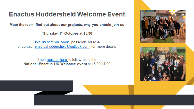 enactushud's tweet photo. A great opportunity to meet the team and join Enactus Huddersfield! @HudStudents @HuddersfieldUni @HudUniCareers @HuddersfieldSU 

Be part of the #NextGenLeaders of entrepreneurs and social innovators

Join our Welcome Event to find out more https://t.co/Rx9JyV8aNo https://t.co/b1ECMIlXXN