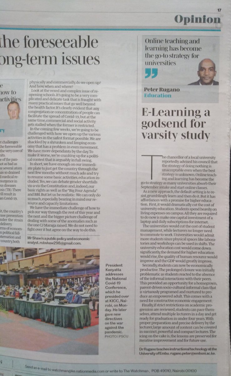 UoEmbu's tweet image. In the Dailies today : Daily Nation Pg 17

School of Education and Social Science (SESS), Lecturer, Dr. Peter Rugano voices his opinion on online teaching and learning as the go-to strategy for universities in the wake of COVID-19 pandemic.

#masomodigital
#blendinglearning