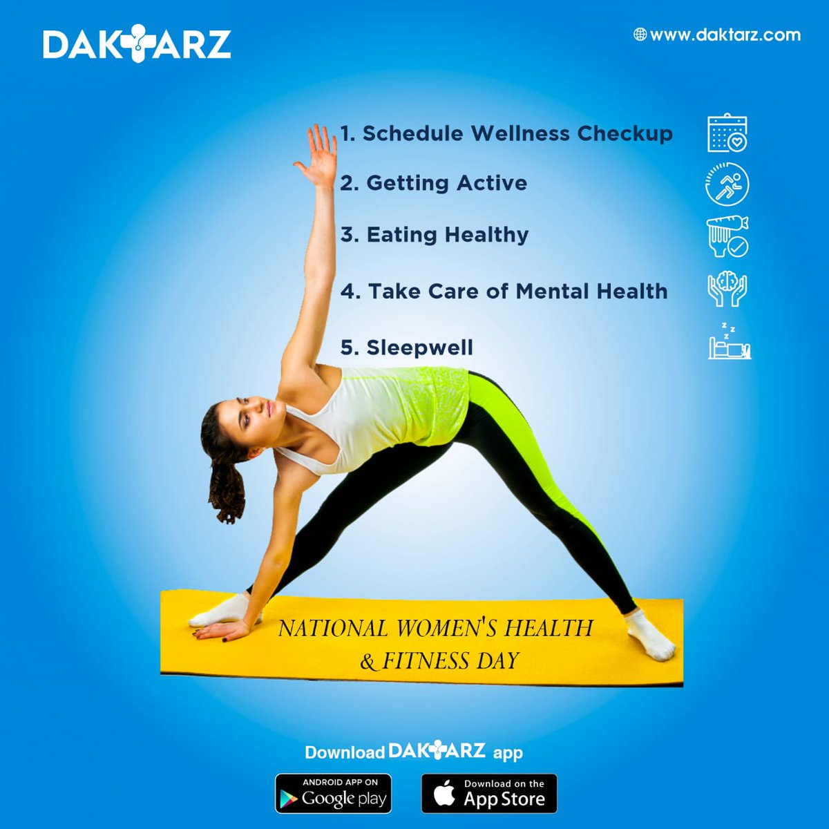 Strong and Healthy women are foundation of developed Nation. Happy National Women's Health & Fitness Day. #Daktarz
#women #fitness #motivation #healthylifestyle #healthyliving #strong #happynationalwomensday #healthcareindia   #fitnessmotivation #wellness  #exercise  #selfcare