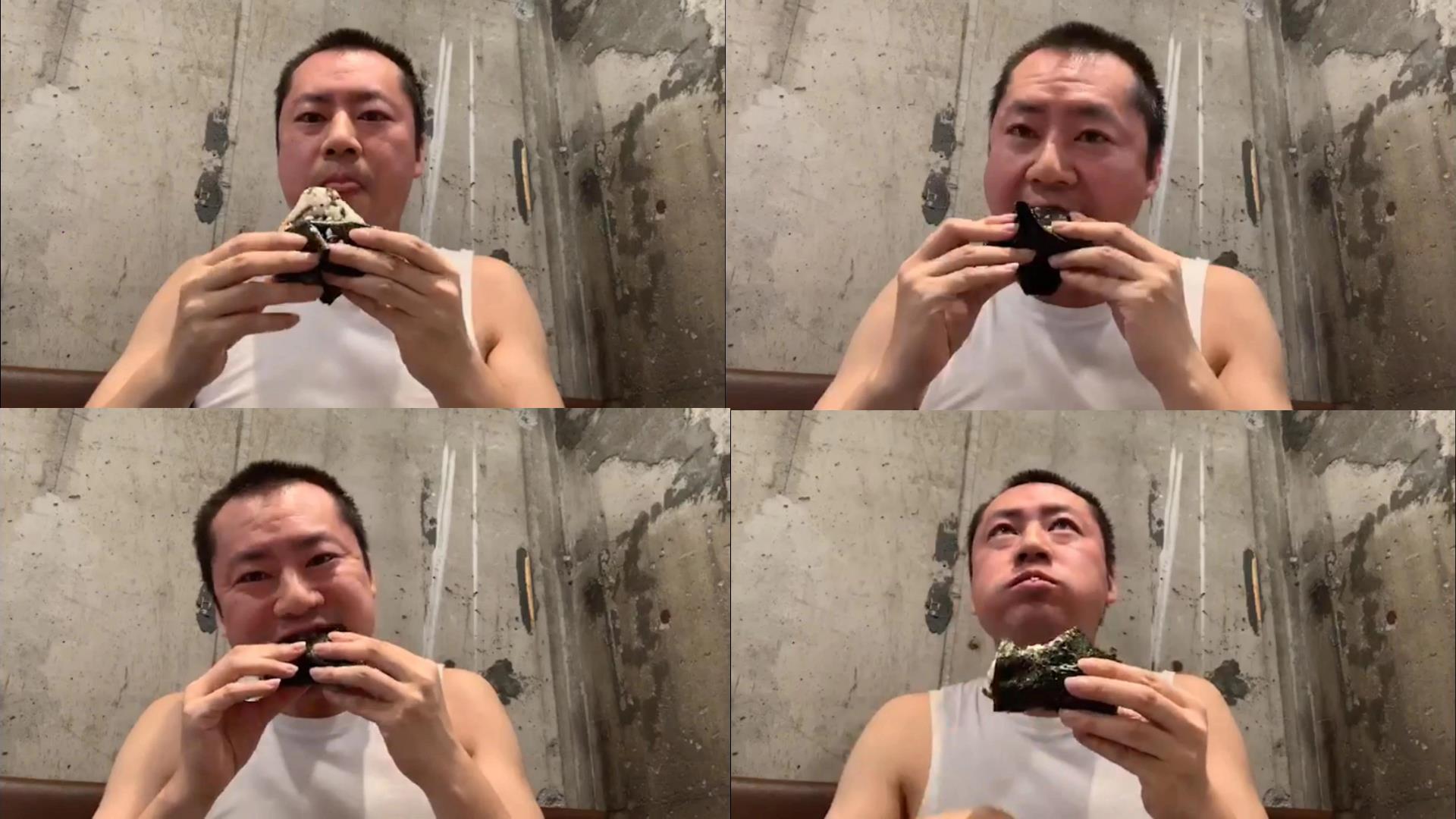 M Hana ぼ ぼくは お おむすびが 好きなんだな 何故そのセリフを言わんのだ 今でしょ 笑 暗黒放送 色々とヤバイ放送 より 山下清 裸の大将放浪記 ニコ生 暗黒放送 横山緑 くぼた学 丸刈り おむすび タンクトップ 食べる 写真