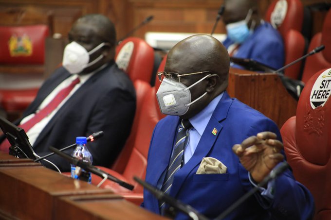 Education CS Prof. George Magoha makes a point before the Departmental Committee on Education on Wednesday for a status update on Measures for safe reopening of schools amid COVID-19, a petition on delayed payment of suppliers by Secondary Schools, and to respond to questions by MPs.