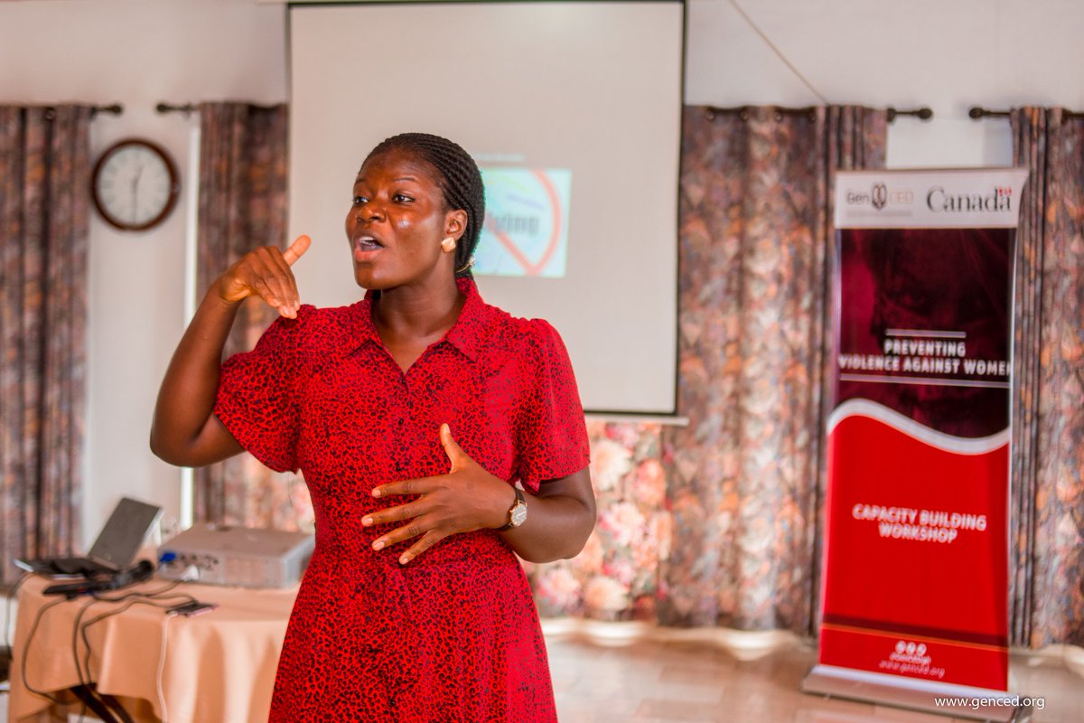 GenCEDgh's tweet photo. @esthertawiah of @GenCEDgh ends the workshop with a spirited presentation on how to deal with issues of violence against women in elections
 @CanHCGhana #ENDVAWE #genderelectionwatch #hervoicematters https://t.co/zmOCeoScaz
