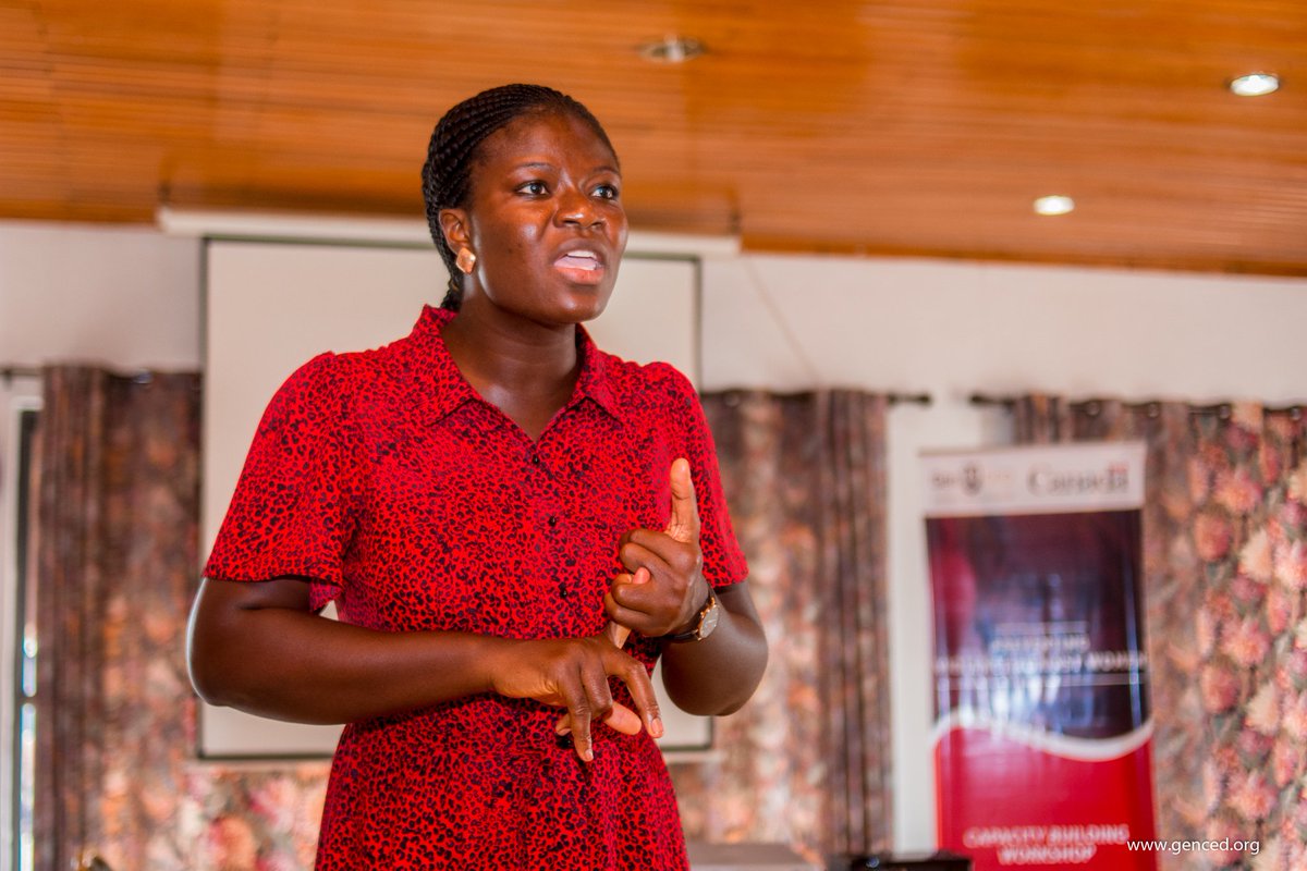 GenCEDgh's tweet photo. @esthertawiah of @GenCEDgh ends the workshop with a spirited presentation on how to deal with issues of violence against women in elections
 @CanHCGhana #ENDVAWE #genderelectionwatch #hervoicematters https://t.co/zmOCeoScaz
