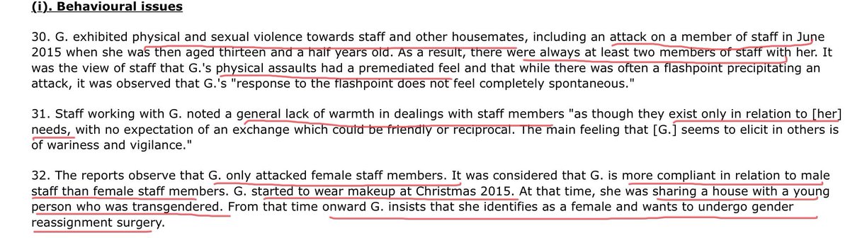 G only attacked female victims and was seen as more compliant with male staff. Multiple acts of sexual violence were noted in attacks which appeared premeditated. Here G shares a house with another “transgendered” housemate.