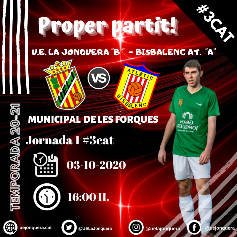📣[Tercera Catalana]📣
⠀
📌 Primer partit de lliga i debut  a casa dels homes de <a href="/VictorLopezDom/">Víctor López</a>  💪!
⠀
🔥 Proper partit 
🏆 Jornada 1 #3cat16
🏟 Les Forques
📅  3 d'octubre.
🕢 16:00h.
⚽ <a href="/UELaJonquera/">UE La Jonquera</a>
🆚 <a href="/AtlBisbalenc/">Atlètic Bisbalenc</a> 
⠀
⚽️ #3cat #futbolcat #verdsiblancs #somjonquera💚⚪️