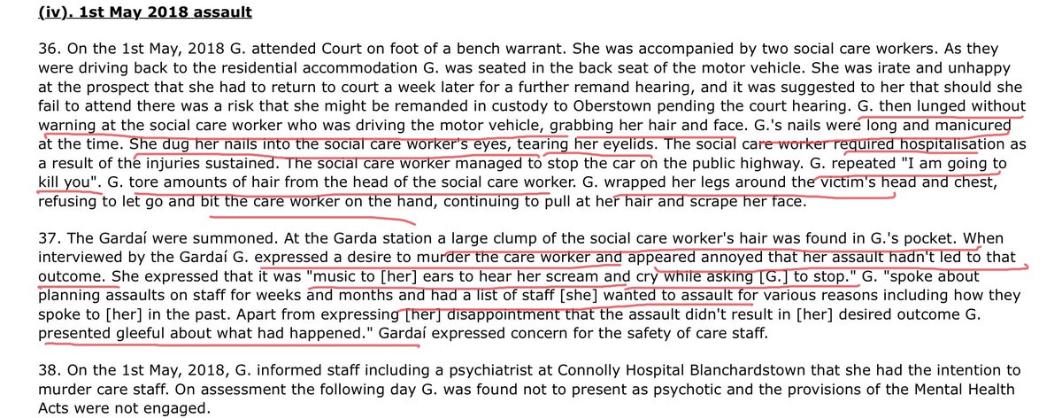 Further details of a horrendous attack on a , female, social worker.For which there is no remorse but, instead, regret enough damage has not been caused. G also has a list of people they wish to harm. The police express concern for the care staff.