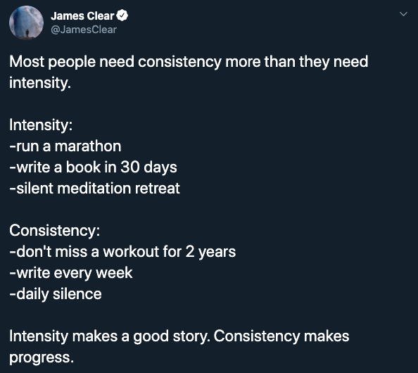 Mulled over this a bit more, and I think I'm actually a fan of *flexible* consistency.• Plan for disruption• Fail like a scientist• Schedule over scope• Mindful time-blocking(h/t  @JamesClear) https://nesslabs.com/flexible-consistency