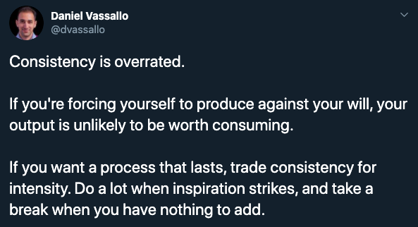 Mulled over this a bit more, and I think I'm actually a fan of *flexible* consistency.• Plan for disruption• Fail like a scientist• Schedule over scope• Mindful time-blocking(h/t  @JamesClear) https://nesslabs.com/flexible-consistency