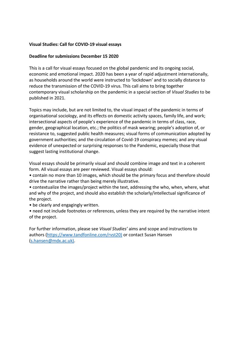 #CFP #Visualessays #COVID-19 
Deadline, dec.15 2020

Looking for primarily visual scholarship, which combines image &amp; text in a coherent
form. All essays are peer reviewed. 

More info: <a href="/SuseHansen/">susan hansen</a>
tandfonline.com/rvst20

<a href="/MarikoCurates/">Dr Mariko Smith</a> <a href="/cambre23/">cambre</a> <a href="/Gill_Golding/">Gill Golding</a> <a href="/brooklynsoc/">Timothy Shortell</a>