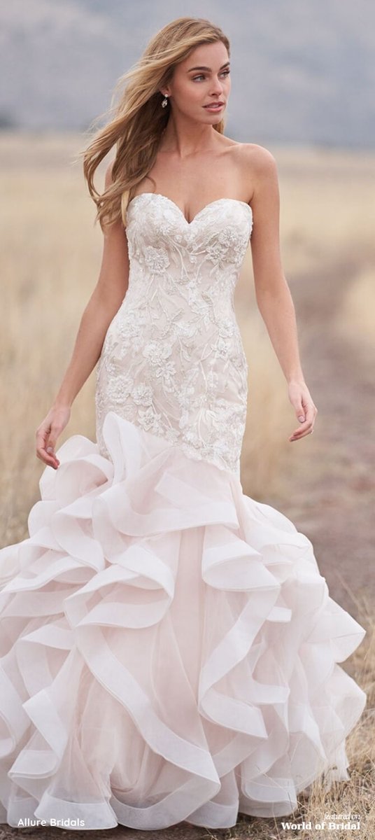 #Gorgeous #ruffles and lace combine in this #Allure #Bridals Fall 2020 #classically #beautiful #bridal Fit and Flare #Gown. bit.ly/3iaAfsY