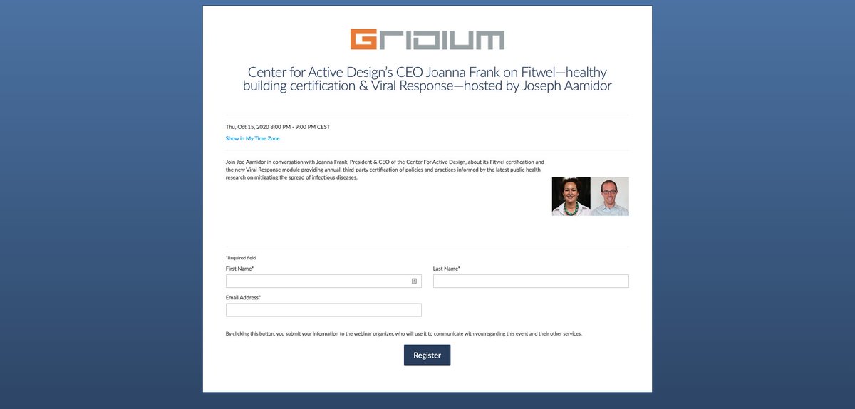 Fitwel's tweet image. #WebinarOpportunity from @Gridium: Join Center for Active Design President &amp;amp; CEO @joanna Frank and smart building consultant Joseph Aamidor next week in conversation about the @Fitwel certification system and new #ViralResponse module.

Free to register: ow.ly/GHi950BD7AR