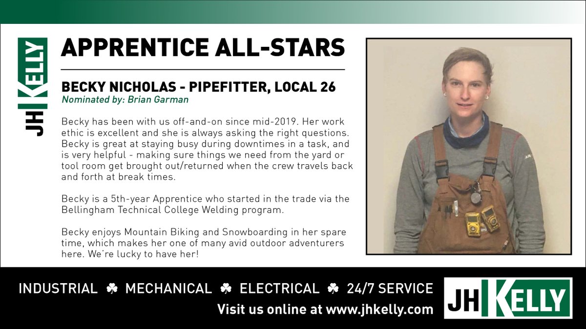 JHKelly1923's tweet photo. Meet BECKY NICHOLAS - PIPEFITTER, LOCAL 26 - Join us in Celebrating our Apprentice All-Stars! We’re proud to have them on #TeamGreen! #JHKelly #Since1923 #Local26 #pipefitter #apprentice https://t.co/qq6k5Xo5gj