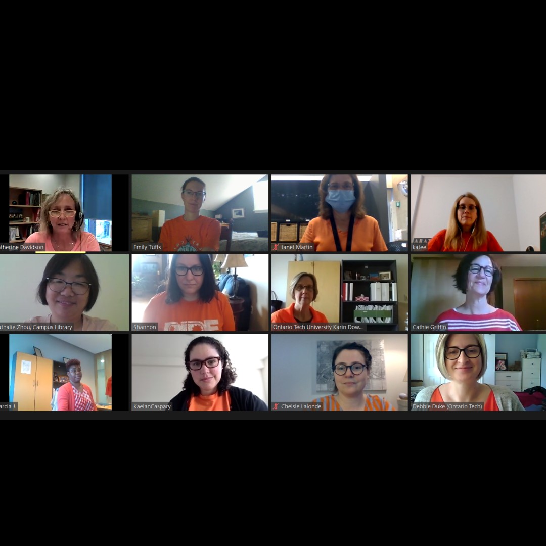 DCLibraries's tweet photo. Today the @durhamcollege Library team gathered virtually for #OrangeShirtDay to remember the Indigenous children and families impacted by the residential school system. 
#EveryChildMatters https://t.co/7uklns5lut