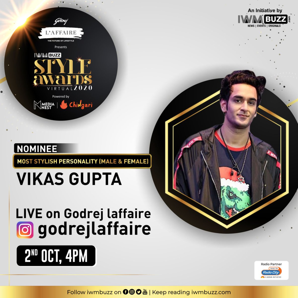iwmbuzz's tweet photo. This Friday we have Vikas Gupta, 
@iwmbuzz nominee of the most stylish personality, joining us for an exclusive live interaction, sharp at 4pm! Join us in the fun tete-a- tete on 2nd October. See you there 

#styleawards2020 #livetalk #stylebuzz #awards #stylefile https://t.co/nY74VtN4ep