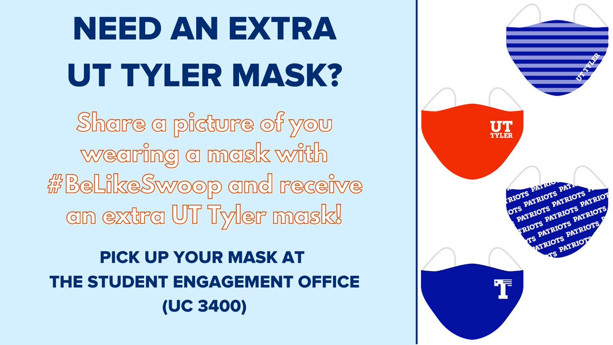 UTTylerSLL's tweet photo. Lose your UT Tyler mask? Want another one in a different color? Youβre in luck! Post a picture of you wearing a mask with #BeLikeSwoop and get an extra mask!! Stop by our office (UC 3400) to pick yours up today.π¦
https://t.co/cLQcRlpYtA