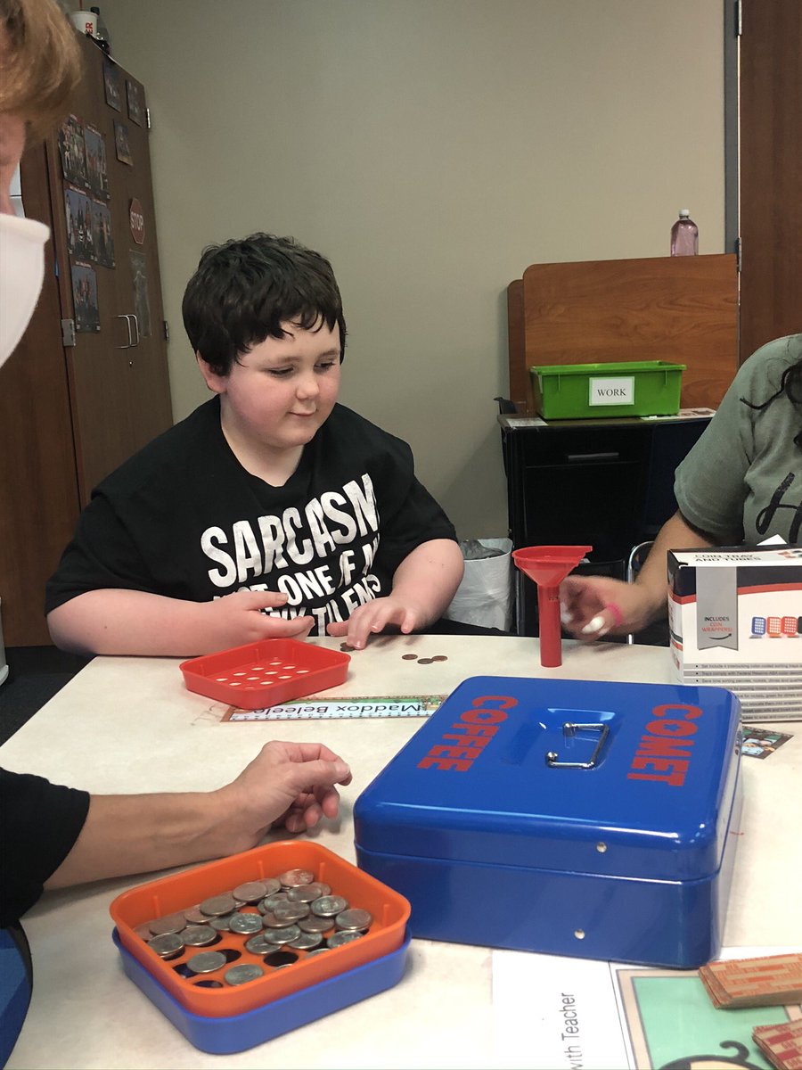 Working hard this Wednesday! Here is a picture of us working on our coin identification and counting skills. Comet Coffee gives our students hands on experience with money to help them in the future. They are responsible for collecting money and making change for purchases. 💫☕️