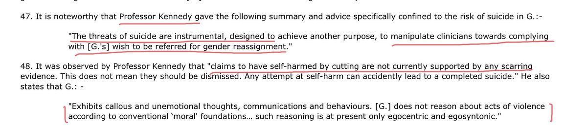 The threats of suicide are also seen as instrumental to achieving their own ends, There is little sign of the self harm G claims to be undertaking. G does not have a “conventional moral foundation”.