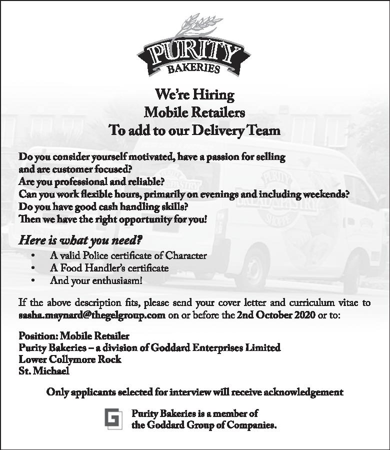 We're hiring. 
Tag suitable job seekers and share this post. Applications close this Friday. All applications must be submitted via the email provided. 

Good luck!
#PurityBakeries #Barbados #Barbadosjobs