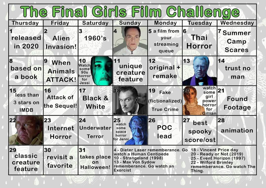 StreamingScream's tweet image. We're back in the Halloween season!! We made a fun #31NightsOfHalloween #Halloween2020 calendar again. Let us know what you watched each day!!