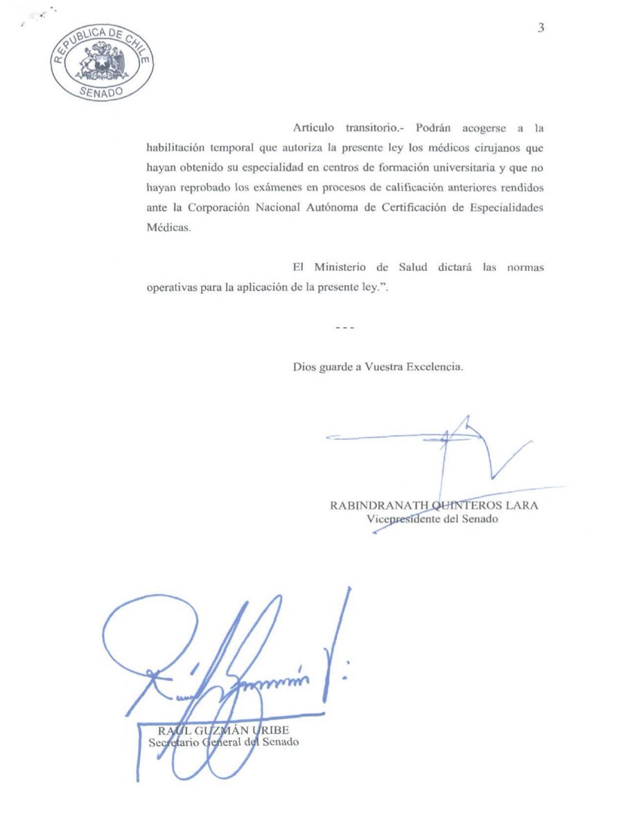AMEVEN2's tweet photo. Estimados colegas les informa que el proyecto de ley que suscribe lo siguiente : Por el lapso de dos años contado desde la publicación de esta ley, los médicos cirujanos que hayan obtenido su especialidad en Chile o en el extranjero, se encontrarán eximidos por el plazo de 2 años https://t.co/ao7g7WG9xR