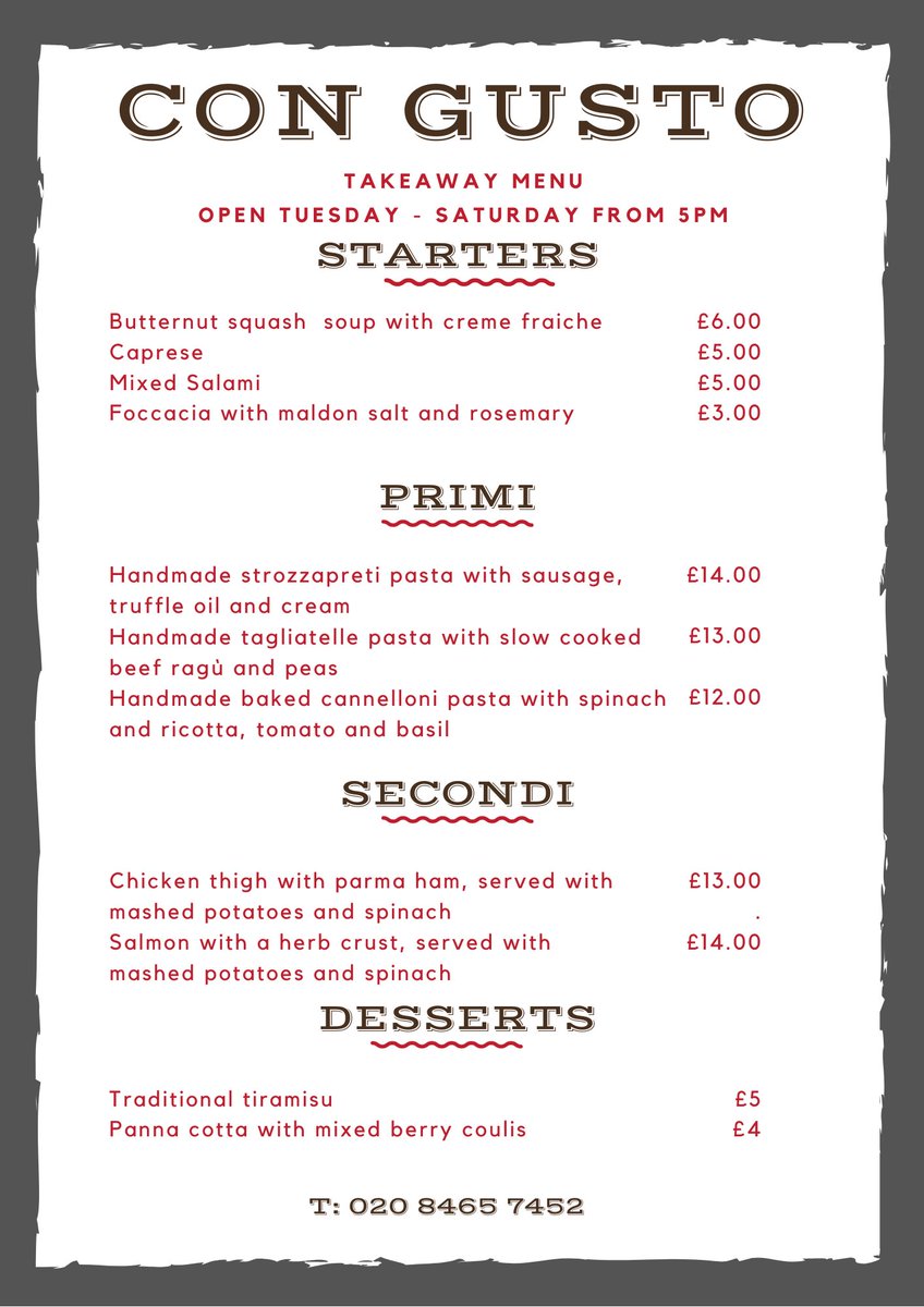 Takeaway menu for tomorrow 😆🤩😆
Available 5-8pm.
New opening days are: Tuesday to Saturday.
Call on 020 8465 7452 (on the day only) or
pop in to order.
