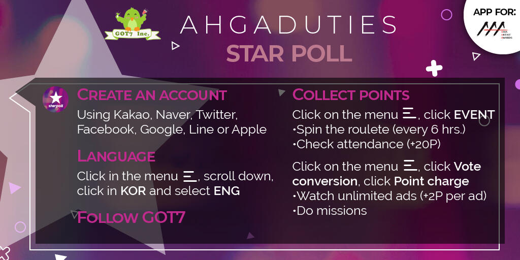 Kahit 10 minutes lang ilaan natin para mag-vote araw araw! And please, let& #39;s keep spinning, birds!YCMN:  https://youtu.be/xQI9oZEY-...  https://youtu.be/ladClnnJh...  https://youtu.be/2sAoKmg7q... COLLECT POINTS ON STAR POLL TO PREPARE TO VOTE FOR  @GOT7Official   #GOT7 Here& #39;s how: 