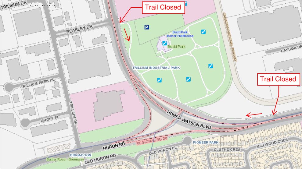 CityKitchener's tweet photo. NOTICE: Budd Park Trail will be closed from Oct. 1 - 19 for trail improvements. The trail will be upgraded to a 3 metre wide asphalt multi-use trail with line painting.
https://t.co/G7VjHNYHEu
#KitchenerTrails https://t.co/mKqyI6VCCv