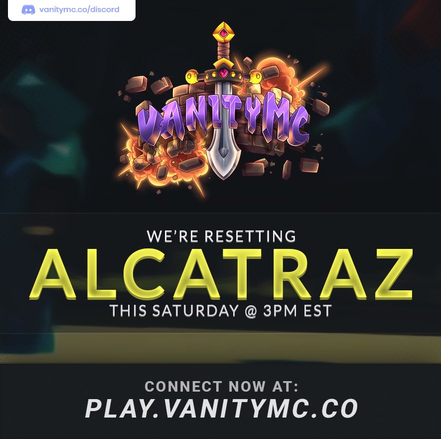 VanityMC's tweet image. Prison Alcatraz reset will be this Saturday, October 3rd @ 3PM EST 🚨

🏢 CHANGELOG: vanitymc.co/alcatraz

💎 SOTW GIVEAWAY
- x5 Rank Keys
- x2 Cell Mine
- x5 Monthly Crates

LIKE + RETWEET + FOLLOW 💙