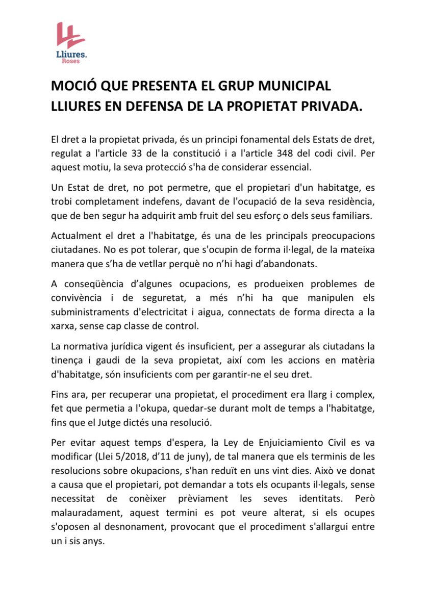 LliuresRoses's tweet photo. El nostre regidor @PGotanegra , de Lliures Roses presentat al ple d’avui una moció sobre la defensa de la Propietat Privada
S’aprova la moció, votació:

Junts per Roses ✅
ERC❗️ Abstenció
PSC ✅
GdP ���
Ciutadants ✅
PP ✅
Lliures ✅ https://t.co/pU1hFY9MR7