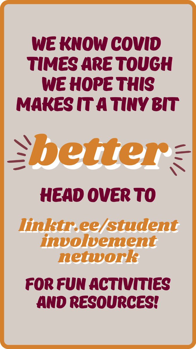 Are you or someone you know in quarantine or isolation? 
Check out SIN's LinkTree for fun activities and recommendations, or to request resources such as hygiene products or household supplies to remain healthy, secure, and comfortable during this time.
linktr.ee/studentinvolve…