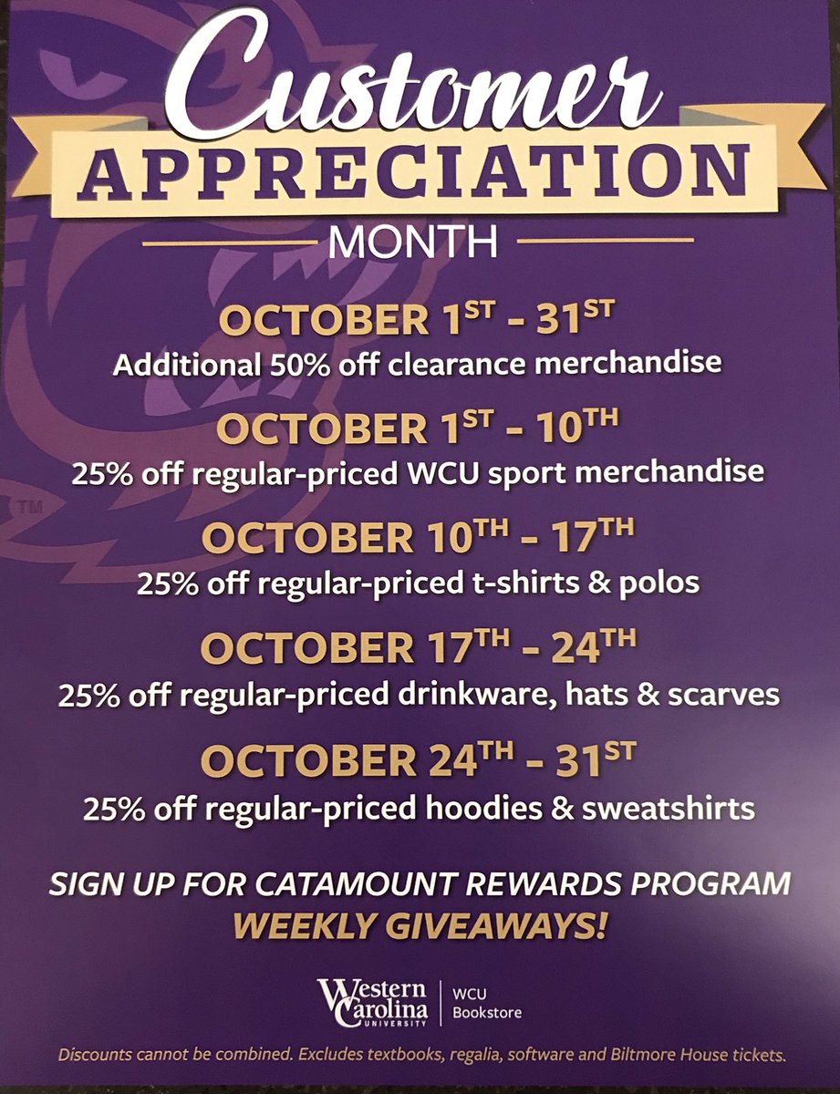 WCU Bookstore (@wcubookstore) on Twitter photo Customer Appreciation month starts tomorrow at the bookstore! Customer Appreciation month starts tomorrow at the bookstore!