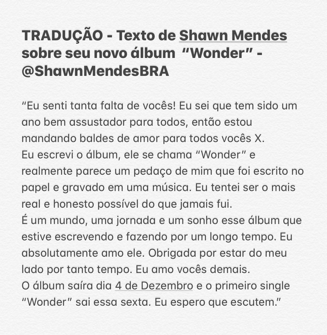 Shawn Mendes Brasil on X: TRADUÇÃO: Texto de Shawn Mendes sobre seu novo  álbum “Wonder”.  / X