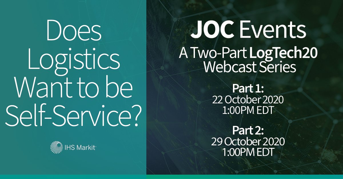 JOC_Updates's tweet image. Reminder: a two-part #LogTech20 webcast coming in October! Multiple sessions, panelists and keynote speakers will explore subjects from dynamic pricing and process #automation to which software pricing models the #logistics industry favors. Register here: ihsmark.it/DoHH50BBhjS