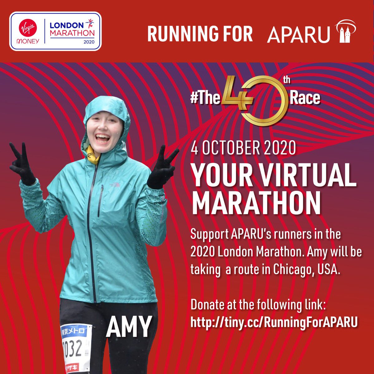 APARU_UK's tweet photo. This Sunday, Amy Kitterman will be taking part in the Virtual #LondonMarathon.2020. She will complete her 42km run in Chicago. 

Let's show our support! Your donations will go to @Yeahorg changing the lives of thousands of children in need in Chaco. 

https://t.co/8x8sczj2Bd https://t.co/AQTVc3U1la