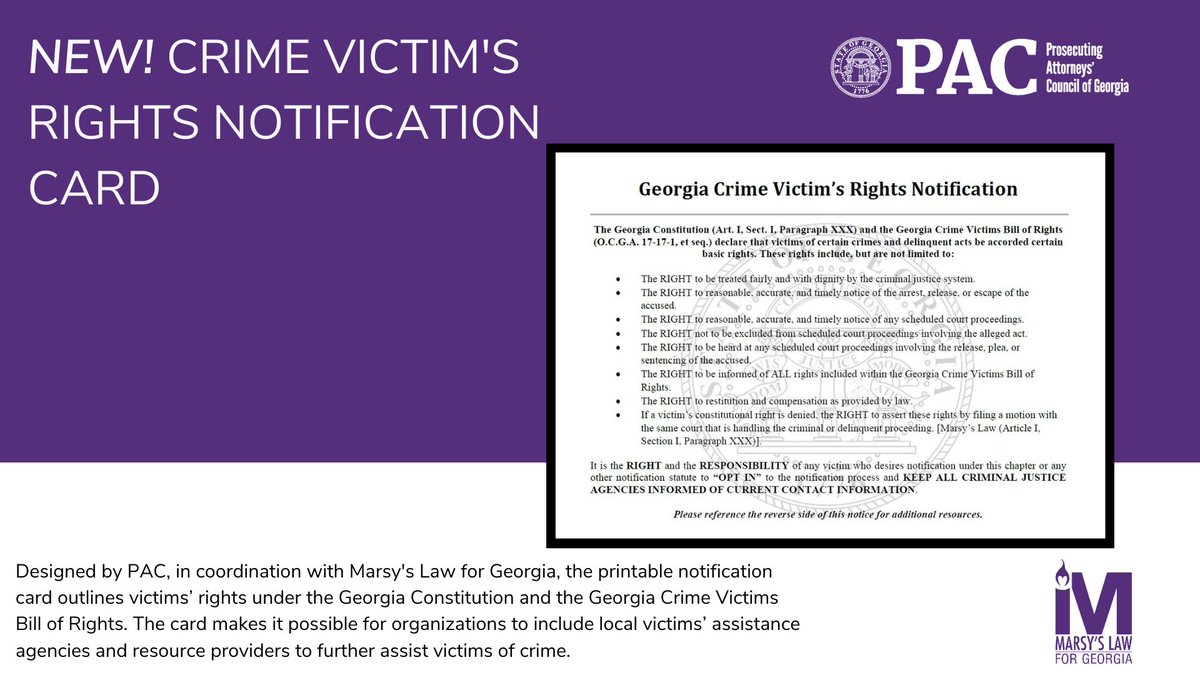 GAProsecutors's tweet photo. October is #DomesticViolence Awareness Month. We've partnered with @MarsysLawforGA to create + launch the Victim's Rights Notification Card. Join us TOMORROW to learn more ➡️ https://t.co/q1FsJvMsEt #DVAM2020 #victimsrights #GAVWAP #GAProsecutors #PACvictimservices #PACpartners https://t.co/qjPZ2UJjOI