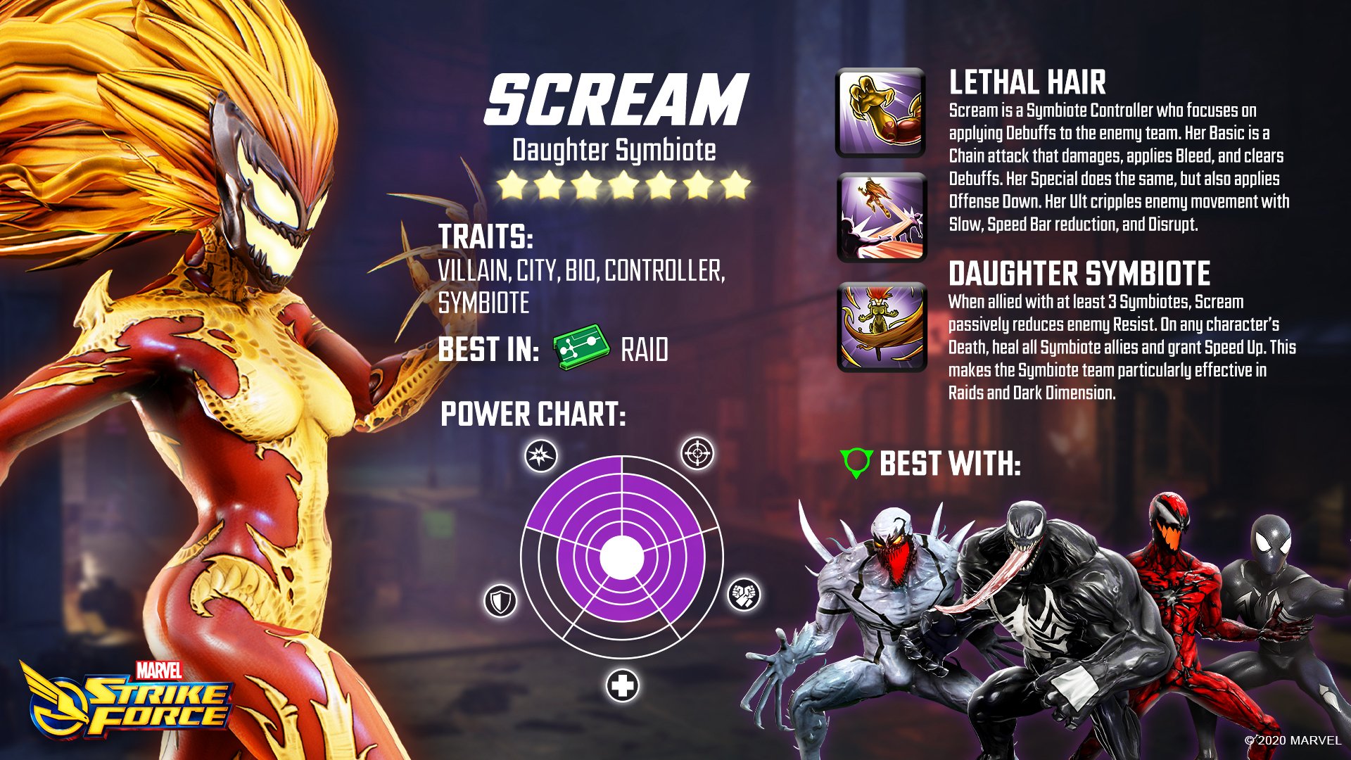 MARVEL Strike Force on X: Scream clears buffs from enemies, applies Bleed  and Slow, and Heals her Symbiote allies when characters are defeated.  Scream has joined the MARVEL Strike Force!  /