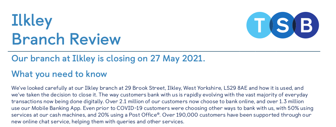 TSB have announced their #Ilkley branch will close in May: tsb.co.uk/ilkley-closing…

Across the UK, TSB are closing 39% of their branches, from 475 to 290.