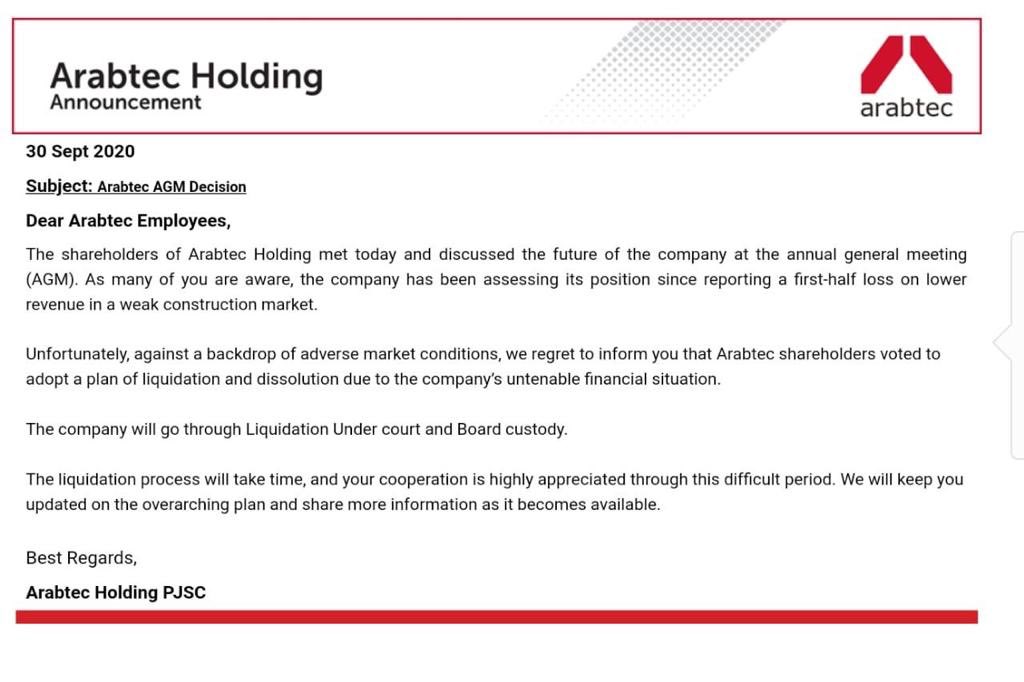 cybaaudi's tweet image. The company never really recovered after the 2009 crisis. @ArabtecHolding . Change of ownership and change of management did not help. And later the exasperation of the events of 2020. Today the #AGM voted to liquidate. #whengiantsfall