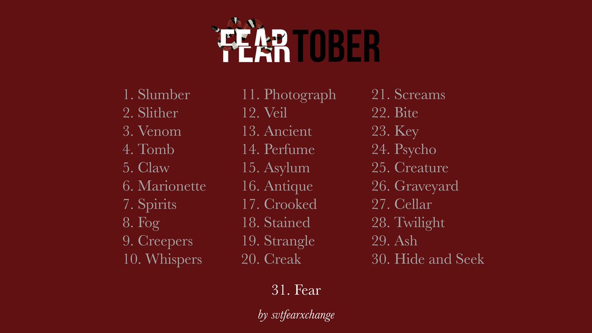 svtfearxchange's tweet photo. ‼️PRESENTING: #FEARTOBER‼️

We apologise for releasing the list so late but here is the list for October!! Now that Halloween is truly upon us, we hope you’ll take part in this fun challenge (whether you are part of the exchange or not)! 🖤🕷

Have fun &amp; Happy Writing!!💀⛓ https://t.co/HcpyHFhj0s