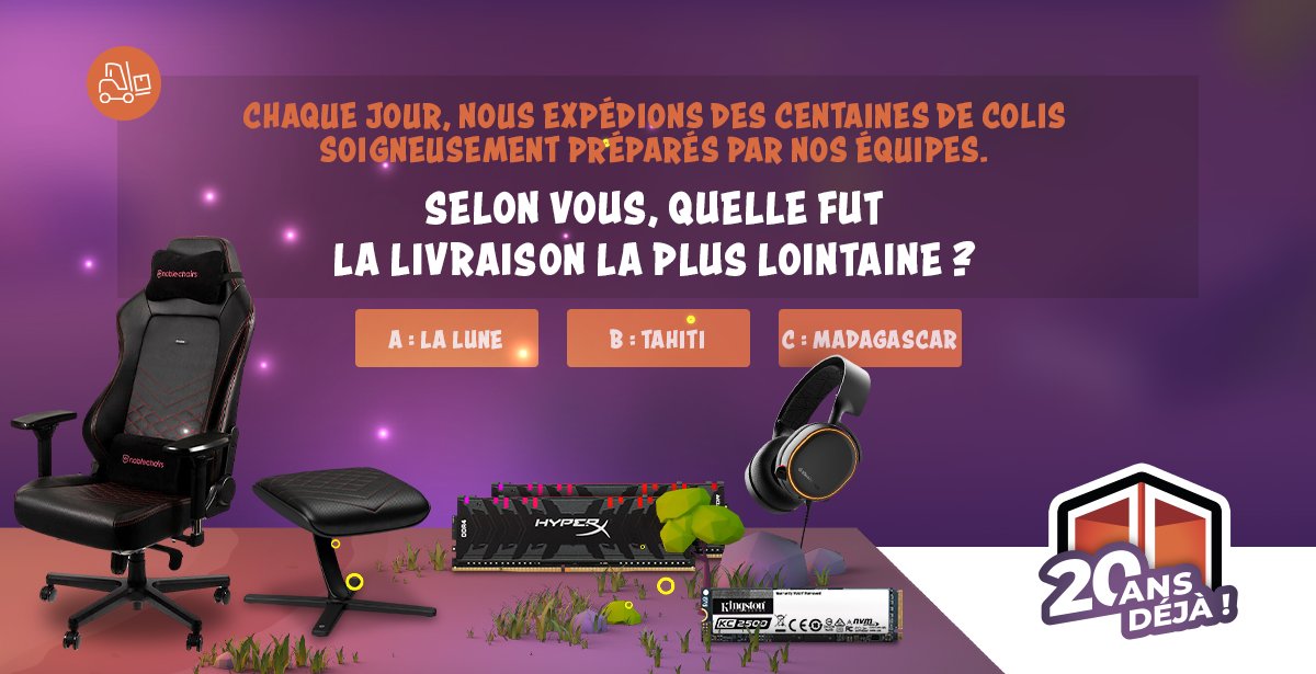 materielnet's tweet photo. 🎂🎁 JEU CONCOURS ANNIVERSAIRE 🎁🎂

👉 Répondez correctement à la question, on tire au sort parmi les bonnes réponses 

📋Règlement : https://t.co/MOa82MA3Lf
🎰 TAS : 05/10/2020

#20AnsMaterielnet https://t.co/3WN1VU5jZq