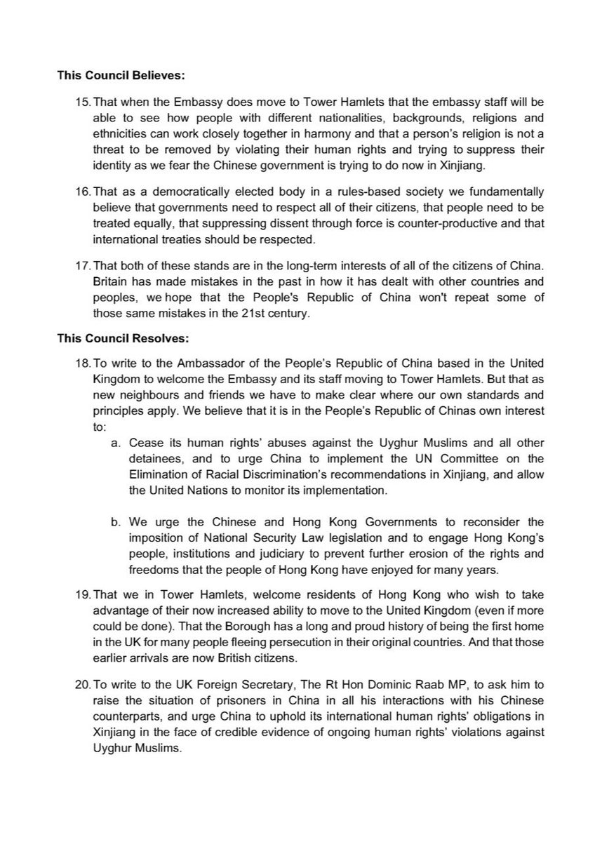 RabinaKhan's tweet photo. Following work on an emergency motion re @TowerHamletsNow taking a stand against human rights abuse against the #UyghurMuslims and the People of #HongKong here is draft motion submitted. Let’s hope #THLabour agree. @THLDs @Andrewwood17 @THConservatives https://t.co/day0p9hE3b