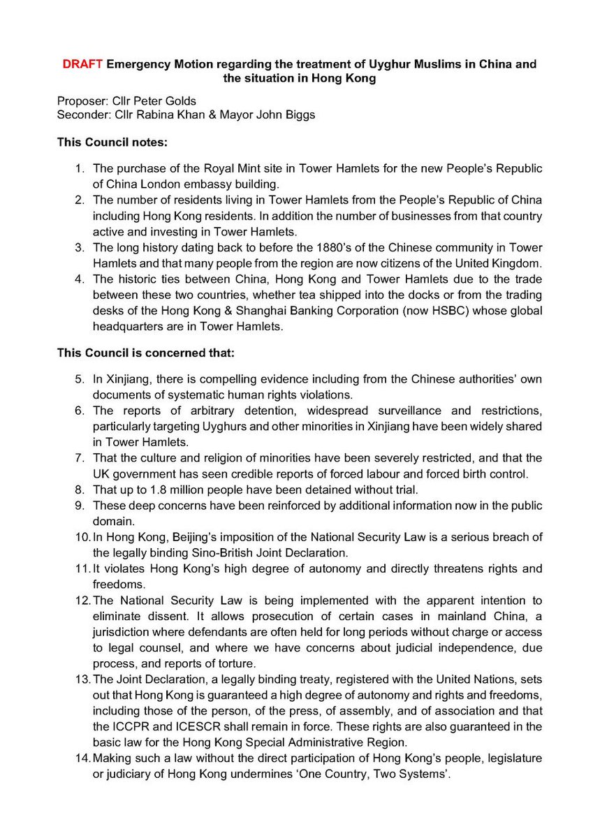 RabinaKhan's tweet photo. Following work on an emergency motion re @TowerHamletsNow taking a stand against human rights abuse against the #UyghurMuslims and the People of #HongKong here is draft motion submitted. Let’s hope #THLabour agree. @THLDs @Andrewwood17 @THConservatives https://t.co/day0p9hE3b