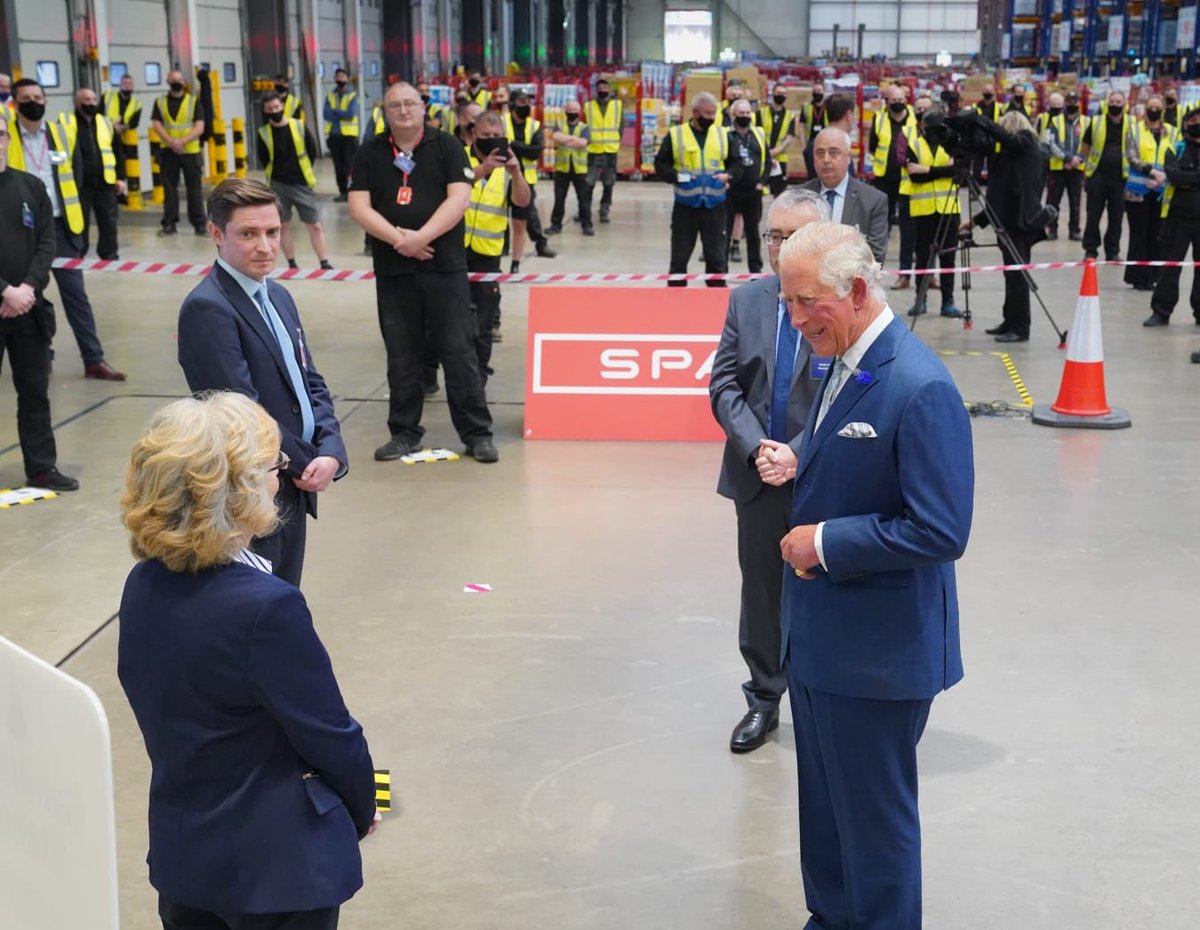 NIOgov's tweet photo. HRH The Prince of Wales met staff @HendersonFoods in County Antrim to hear how the company has maintained food supplies and met unprecedented demand over the past few months during the pandemic. @ClarenceHouse https://t.co/xVhAgXsROB
