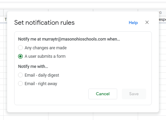 ProfeMurray's tweet photo. @MrsMaestraA @PRHSspanish And then set your google sheet to automatically send you an email when someone submits it. No more need to check. Just go to Tools--> Notification Rules... https://t.co/Y2HgFixqB9